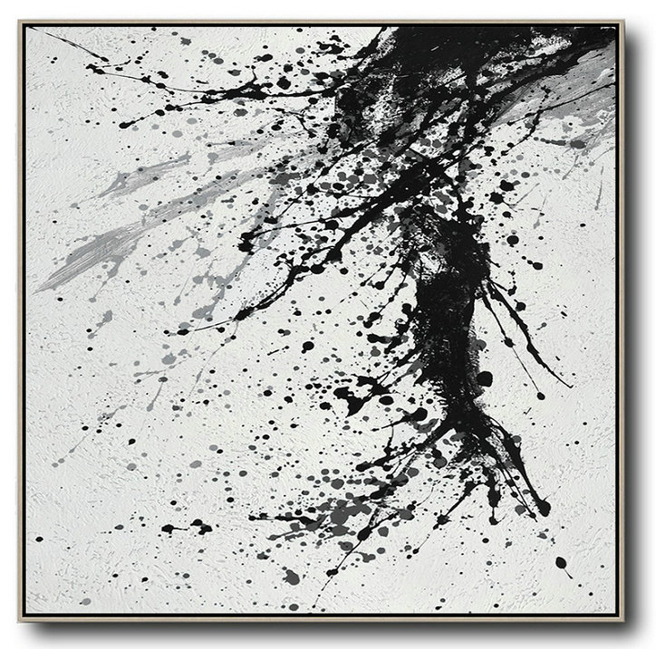 Huge Abstract Painting On Canvas,Minimalist Drip Painting On Canvas, Black, White, Grey,Canvas Wall Art #R5F0